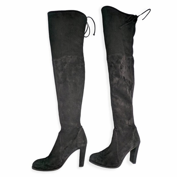 Stuart Weitzman Highland Over-The-Knee Tie Back Black Suede Heeled Boots 8.5 - Picture 4 of 16